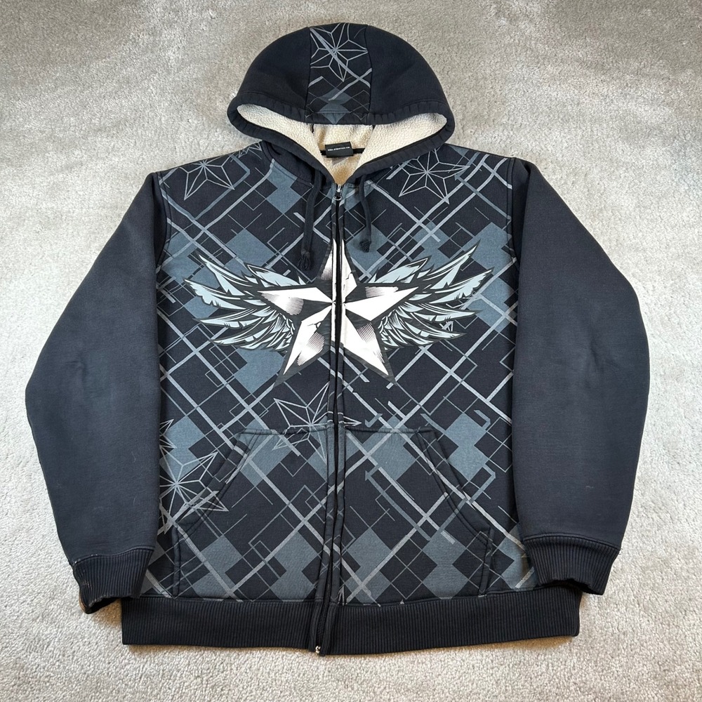 Vintage Hybrid Hoodie Mens Large Black Winged Star Sherpa Lined Full Zip Graphic